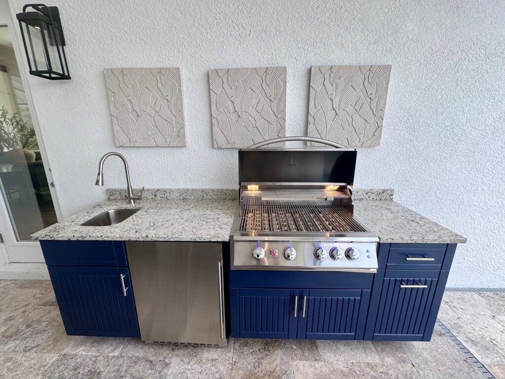 front view of blue outdoor kitchen 